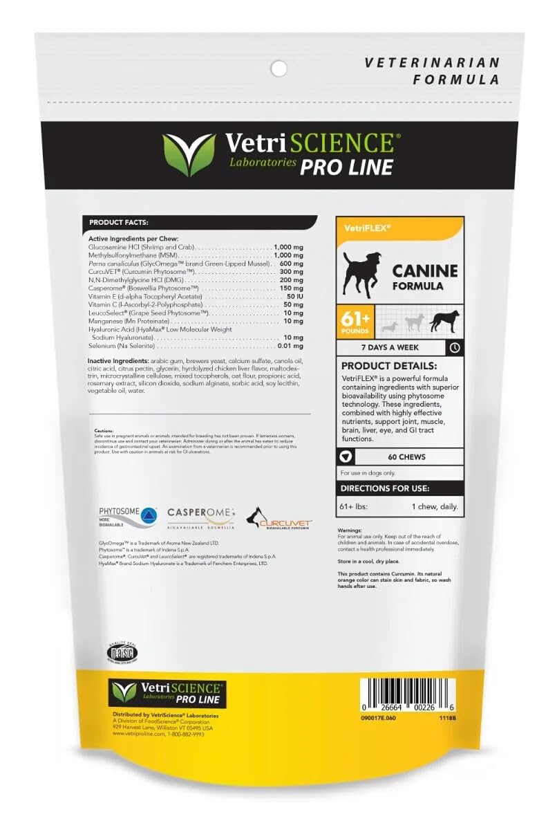 VetriScience VetriFlex Large Canine Formula - Joint Supplement for Large Dogs - Agility & Flexibility Aid for Dogs - Formula Supports Comfortable Movement - Chewable Joint Relief Support - 60 Chews