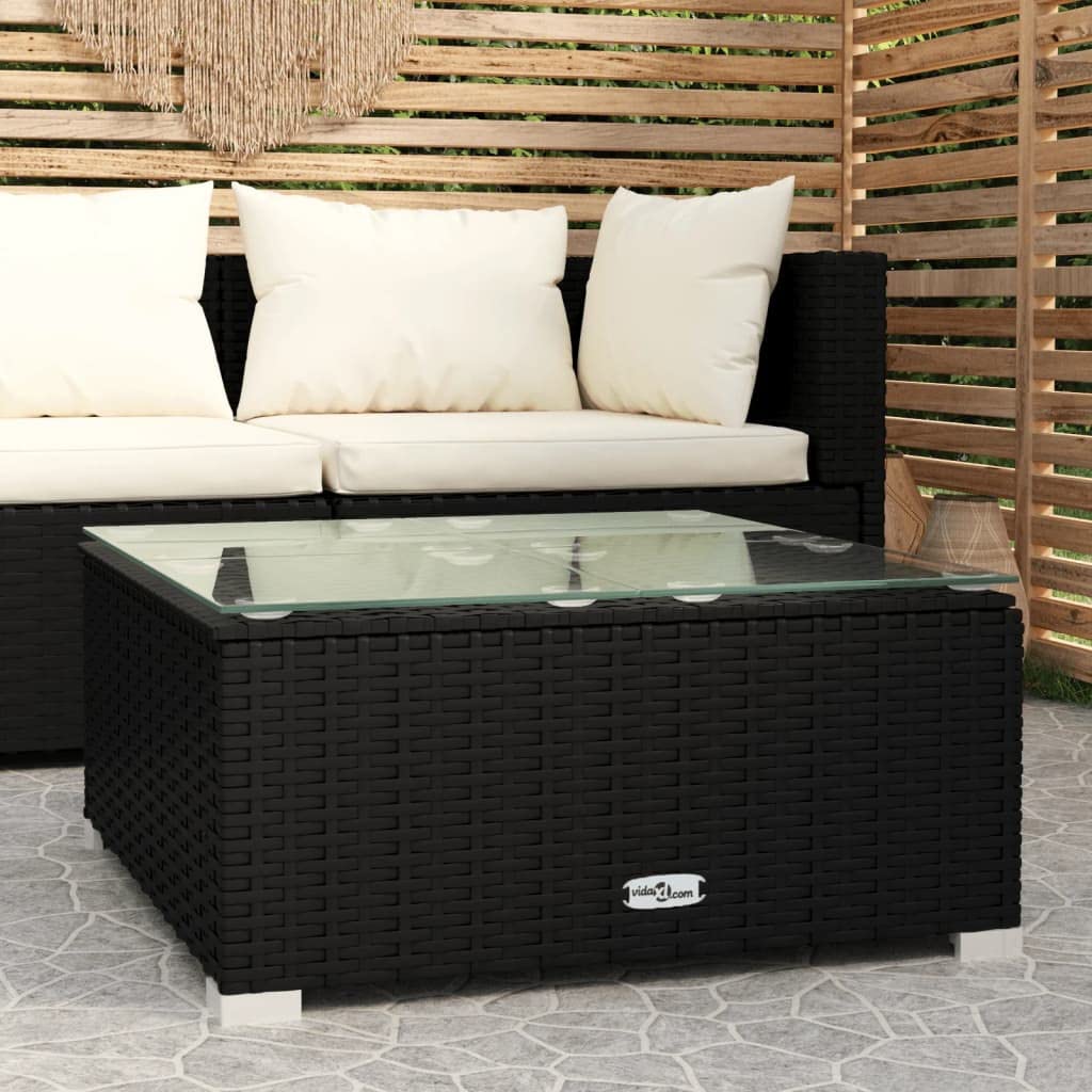 loibinfen Outdoor Patio Coffee Table with Glass Top, Wicker Patio Furniture Coffee Table Outdoor Garden Square Side Table with Tempered Glass Top, Black 23.6"x23.6"x11.8" Poly Rattan and Glass