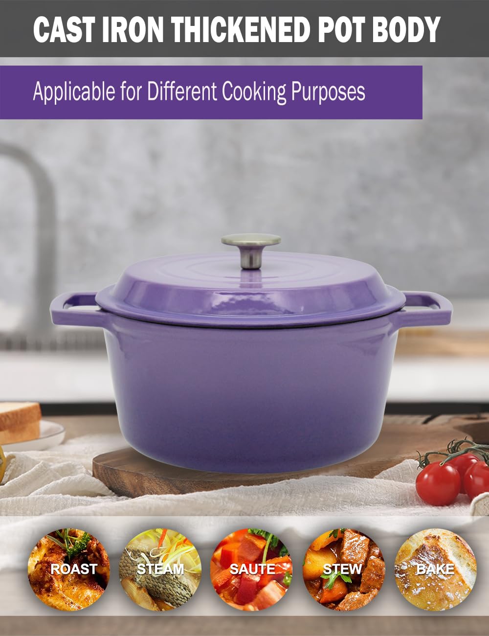 NWsystems 4.2 QT Cast Iron Dutch Oven, Non-stick and Enamel Interior, Multi-purpose Cooking & Baking, Suitable to All Kinds of Cooktops, Dishwasher Safe, and the Gift for Family and Friends - Violet