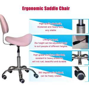 NUNETH Saddle Stool Pink Saddle Chair with Back Support, Esthetician Seat for Dental Office Massage Hospital Clinic, Rolling Chair with Wheels