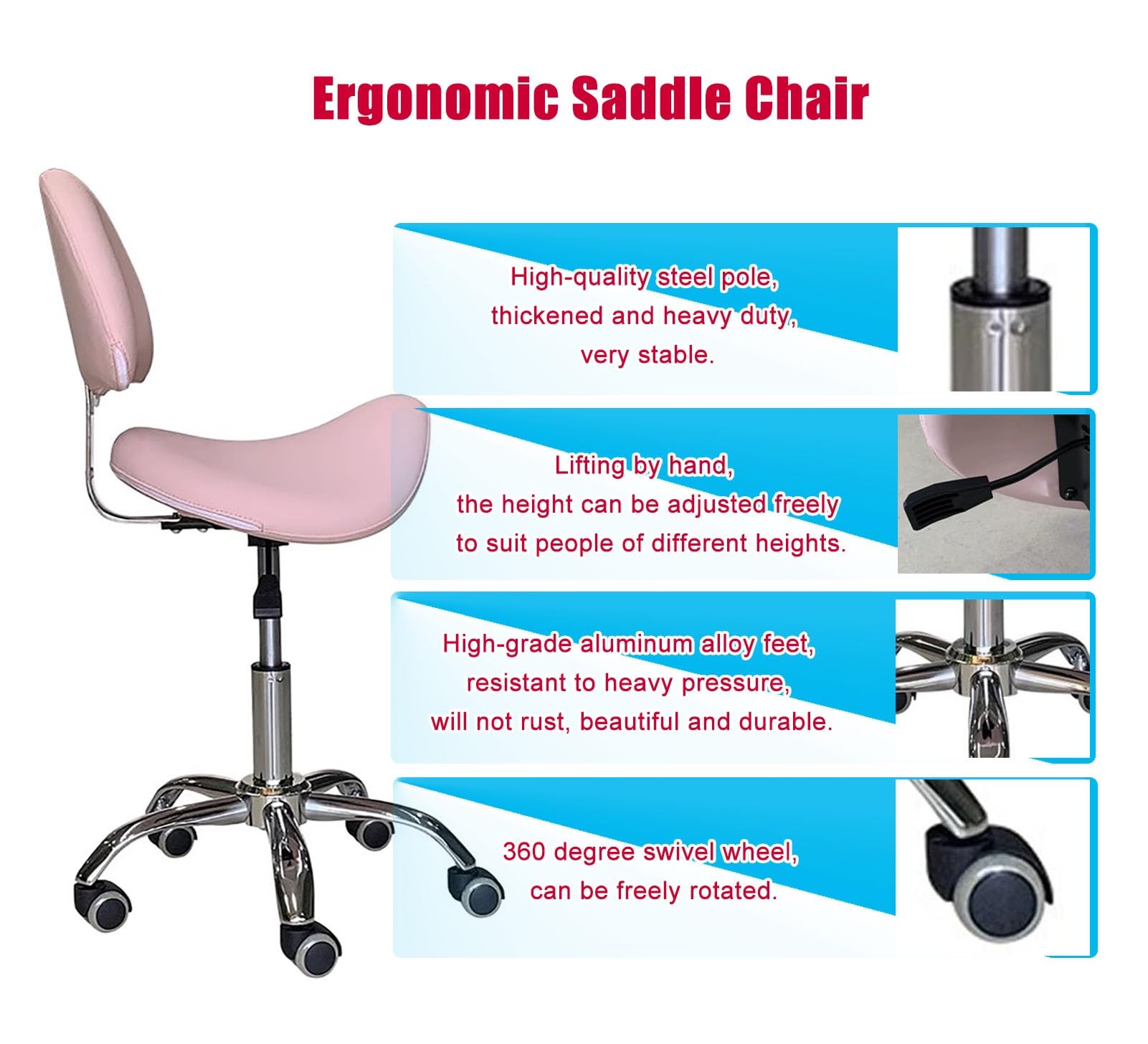 NUNETH Saddle Stool Pink Saddle Chair with Back Support, Esthetician Seat for Dental Office Massage Hospital Clinic, Rolling Chair with Wheels