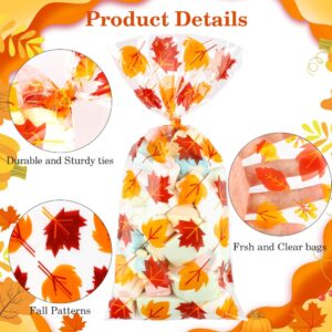 BOEIAC Thanksgiving Treat Bags,100 Pcs Thanksgiving Fall Cellophane Treat Bags, Plastic Autumn Maple Leaves Pumpkin Candy Goodie Bags with Twist Ties for Thanksgiving Fall Theme Party Favor