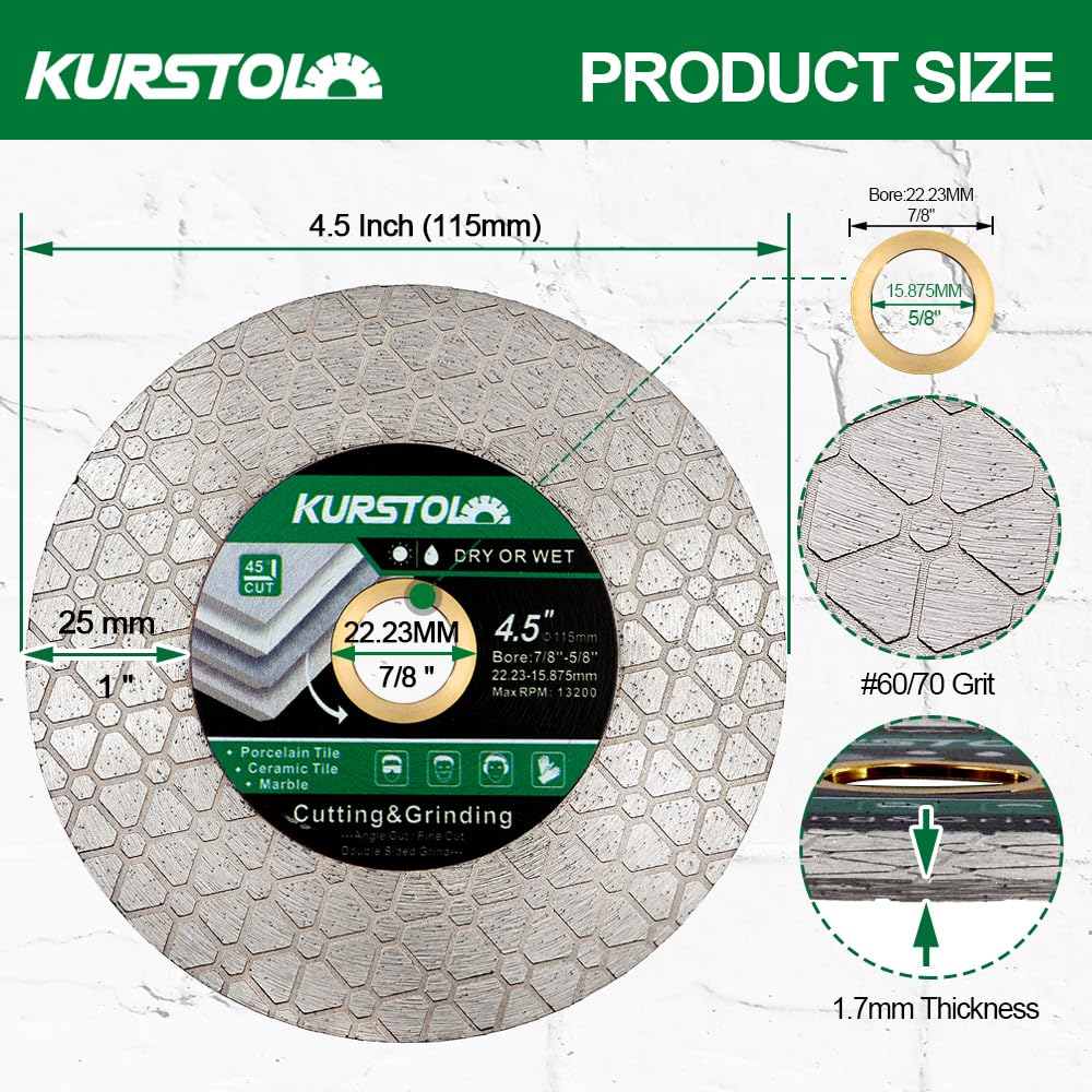 KURSTOL Diamond Cutting Disc - 4.5"/115mm Dual-Purpose Tile Diamond Saw Blade,Angle Grinder Blade Arbor 7/8"-5/8" for Cutting and Grinding Ceramic Tiles,Porcelain,Granite,Marble