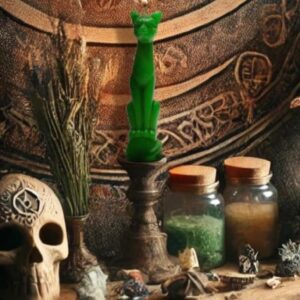 Green Lucky Cat Candle - Ancient Egyptian Goddess Symbol for Good Luck, Attraction, 9 Lives Blessing, Spiritual Ritual & Manifestation for Humans