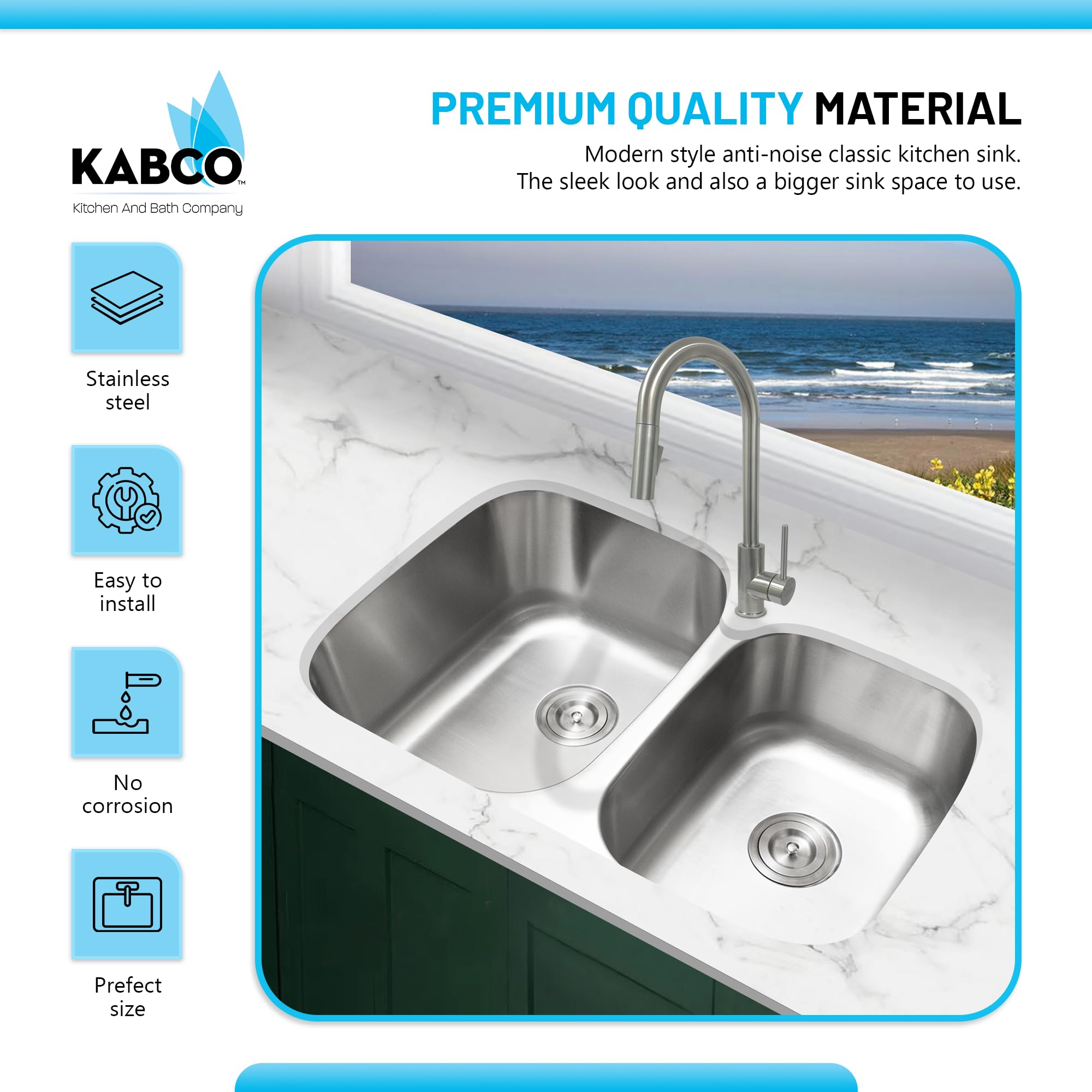 KABCO 32 Inch Stainless Steel 60/40 Double Unequal Bowl Classic Kitchen Sink, Extra Thick 16 Gauge Undermount Rust, Sound and Heatproof Sink with Sink Strainer and Removable Garbage Basket