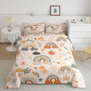 bohemian rainbow twin comforter set for girls mid century style boho sun botanical leaves floral bedding set for kids boys cartoon stars clouds bed comforter sets hand drawn geometric quilt duvet