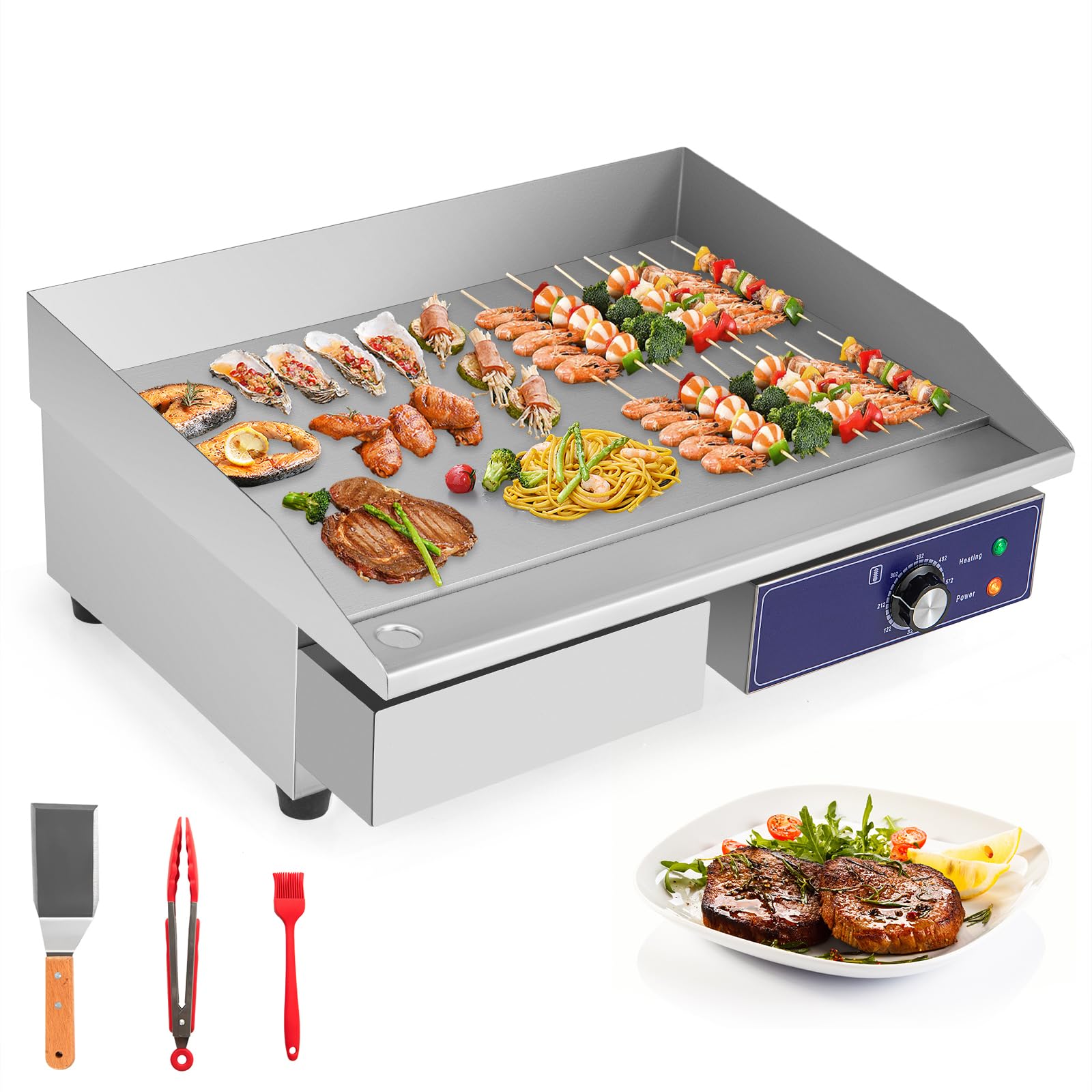 Giantex Commercial Griddle, 22" Electric Griddle 2000W, Cast Iron Griddle, Stainless Steel Frame, 122℉-572℉ Adjustable Temperature Control, Removable Oil Storage Box, Restaurant Teppanyaki Grill