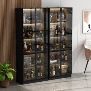 Homsee Bookcase Bookshelf with 5-Tier Shelves, 4 Glass Doors and LED Lights, Wooden Display Storage Cabinet for Home Office, Living Room, Black (31.5”W x 14.2”D x 78.7”H)