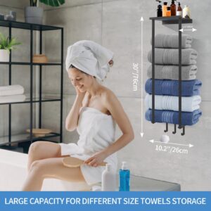 HOTNIU Towel Racks for Small Bathroom Wall Mounted, Vertical Towel Storage with Metal Shelf and 3 Hooks, Bath Towel Rack for Rolled Towels, Black Towel Holder for Large Bath Sheets Towels