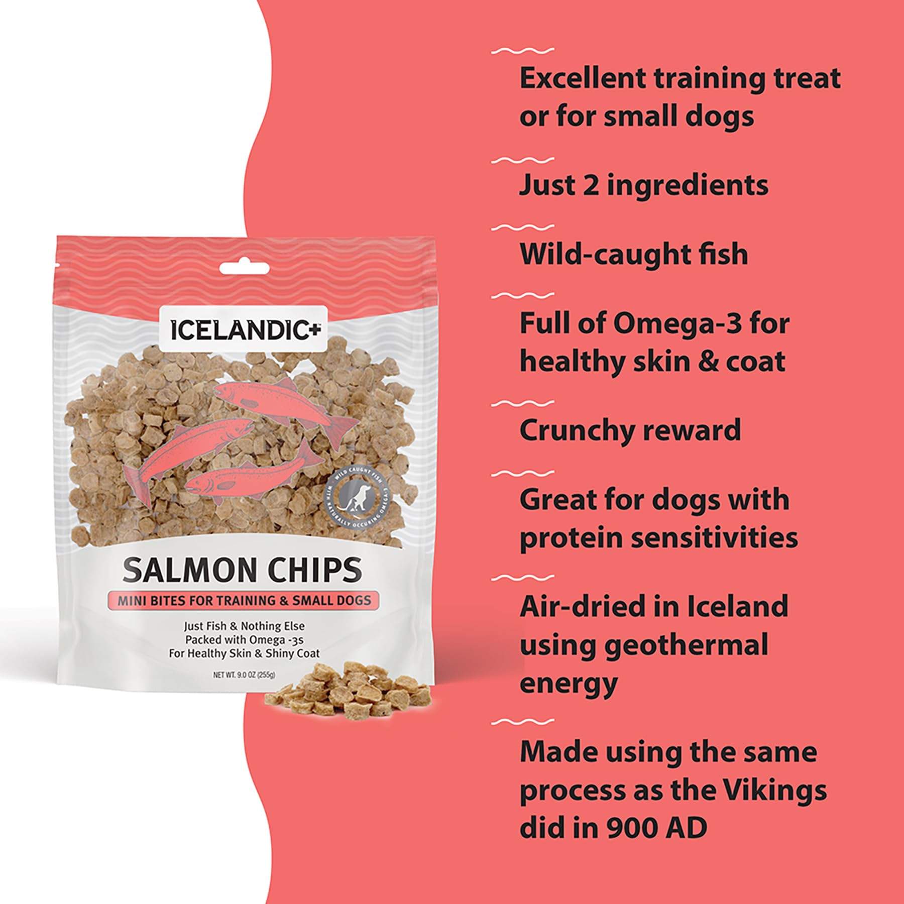 Icelandic+ Mini Fish Chips: Salmon 9oz - Dog Treats, for Training & Small Dogs, 2 Ingredient Air-Dried Crunchy Chips