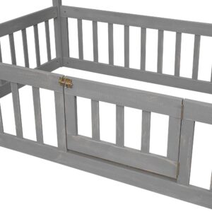 House Bed Twin Bed Frames for Kids,Wood Montessori Floor Bed with Fence and Door Design, Twin Floor Bed with Rails for Girls Boys, Grey Wash