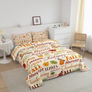 Fall Pumpkin Comforter Set King Size,Nature Farmhouse Plants Quilt Set 3Pcs,Rustic Maple Leaves Bedding Set for Kids Girls Boys Teens Room Decor,Thanksgiving Day Duvet Insert,2 Pillowcases