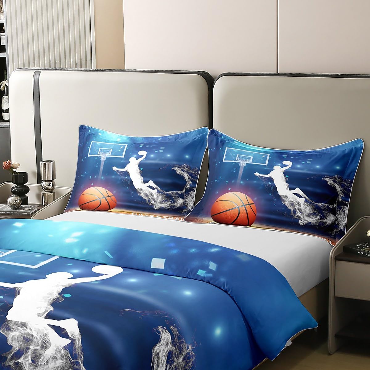 Erosebridal 100% Cotton Boys Basketball Duvet Cover Queen,Basketball Player Bedding Set for Kids,Competitive Sports Game Bed Cover,Modern Basketball Court Bed Sets with 2 Pillowcases