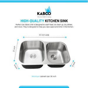 KABCO 32 Inch Stainless Steel 60/40 Double Unequal Bowl Classic Kitchen Sink, Extra Thick 16 Gauge Undermount Rust, Sound and Heatproof Sink with Sink Strainer and Removable Garbage Basket