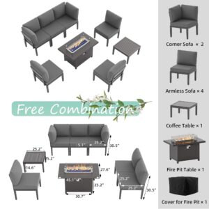 ALAULM 8 Pieces Metal Patio Furniture Set with Propane Fire Pit Table Modern Outdoor Furniture w/55000 BTU Fire Pit Patio Sectional Sofas w/5.1'' Sponge Cushions for Patio, Backyard, Poolside-Grey