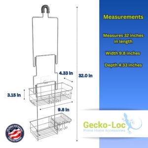 Gecko-Loc Adjustable Hanging Shower Caddy with Adhesive Storage Rack - Over Shower Head Hanger - for Shampoo, Soap, & Razors - Silver