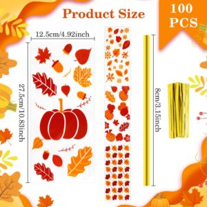 BOEIAC Thanksgiving Treat Bags,100 Pcs Thanksgiving Fall Cellophane Treat Bags, Plastic Autumn Maple Leaves Pumpkin Candy Goodie Bags with Twist Ties for Thanksgiving Fall Theme Party Favor