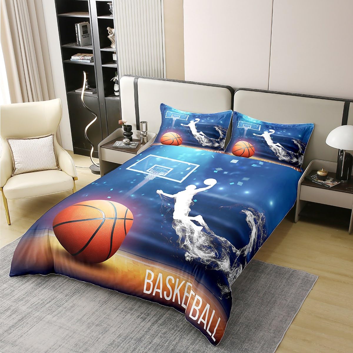 Erosebridal 100% Cotton Boys Basketball Duvet Cover Queen,Basketball Player Bedding Set for Kids,Competitive Sports Game Bed Cover,Modern Basketball Court Bed Sets with 2 Pillowcases