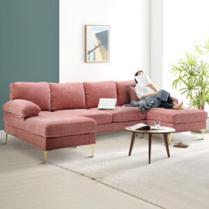 u-shaped sectional sofa comfy couch for living room set, 110 inches wide modern large 4-seat couch convertible soft velvet couch set with double chaise lounge (pink, chenille fabric)