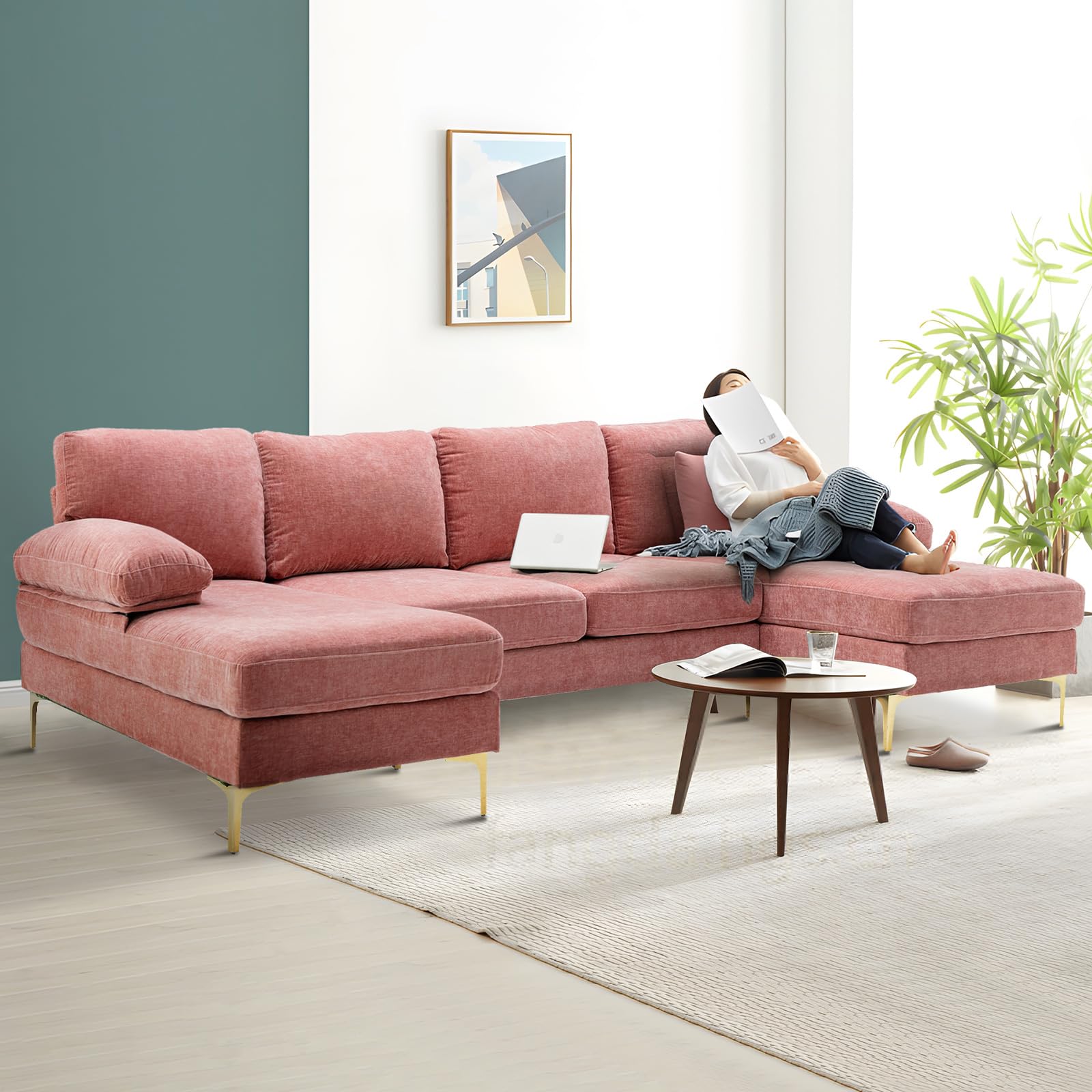 U-Shaped Sectional Sofa Comfy Couch for Living Room Set, 110 inches Wide Modern Large 4-Seat Couch Convertible Soft Velvet Couch Set with Double Chaise Lounge (Pink, Chenille Fabric)