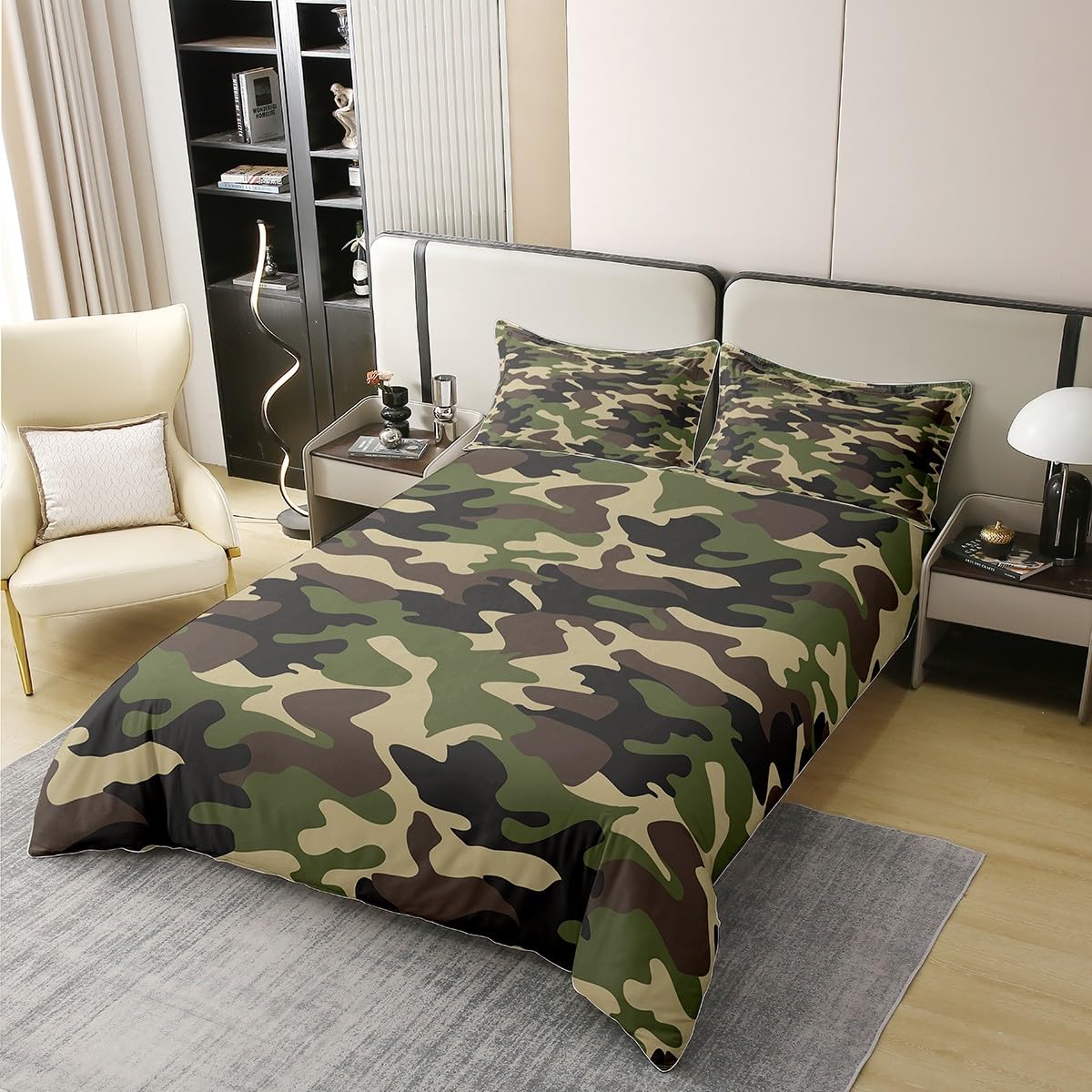 jejeloiu Camouflage Duvet Cover 100% Cotton Camo Bedding Set Set Military Style Rugs for Living Room Camouflage Print Green Brown Comforter Cover Set Bedspread Cover Queen Size