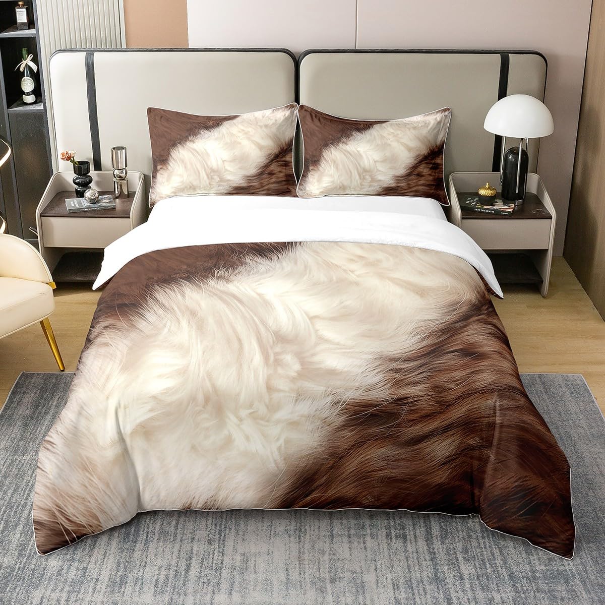 jejeloiu Cowhide Duvet Cover 100% Cotton Queen Size Cow Fur Bedding Cotton Duvet Cover Set Western Farm Animal Skin Brown White Bedspread Cover