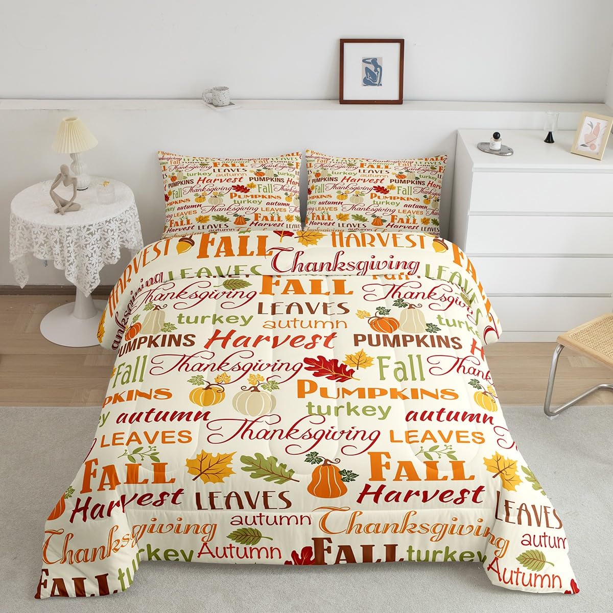 Fall Pumpkin Comforter Set King Size,Nature Farmhouse Plants Quilt Set 3Pcs,Rustic Maple Leaves Bedding Set for Kids Girls Boys Teens Room Decor,Thanksgiving Day Duvet Insert,2 Pillowcases