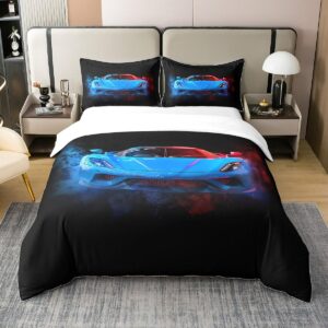 jejeloiu Race Car Duvet Cover 100% Cotton Full Size Speed Sports Car Bedding Cotton Duvet Cover Set Extreme Sports Bedding Set Automobile Comforter Cover Set Car Red Blue Bedspread Cover