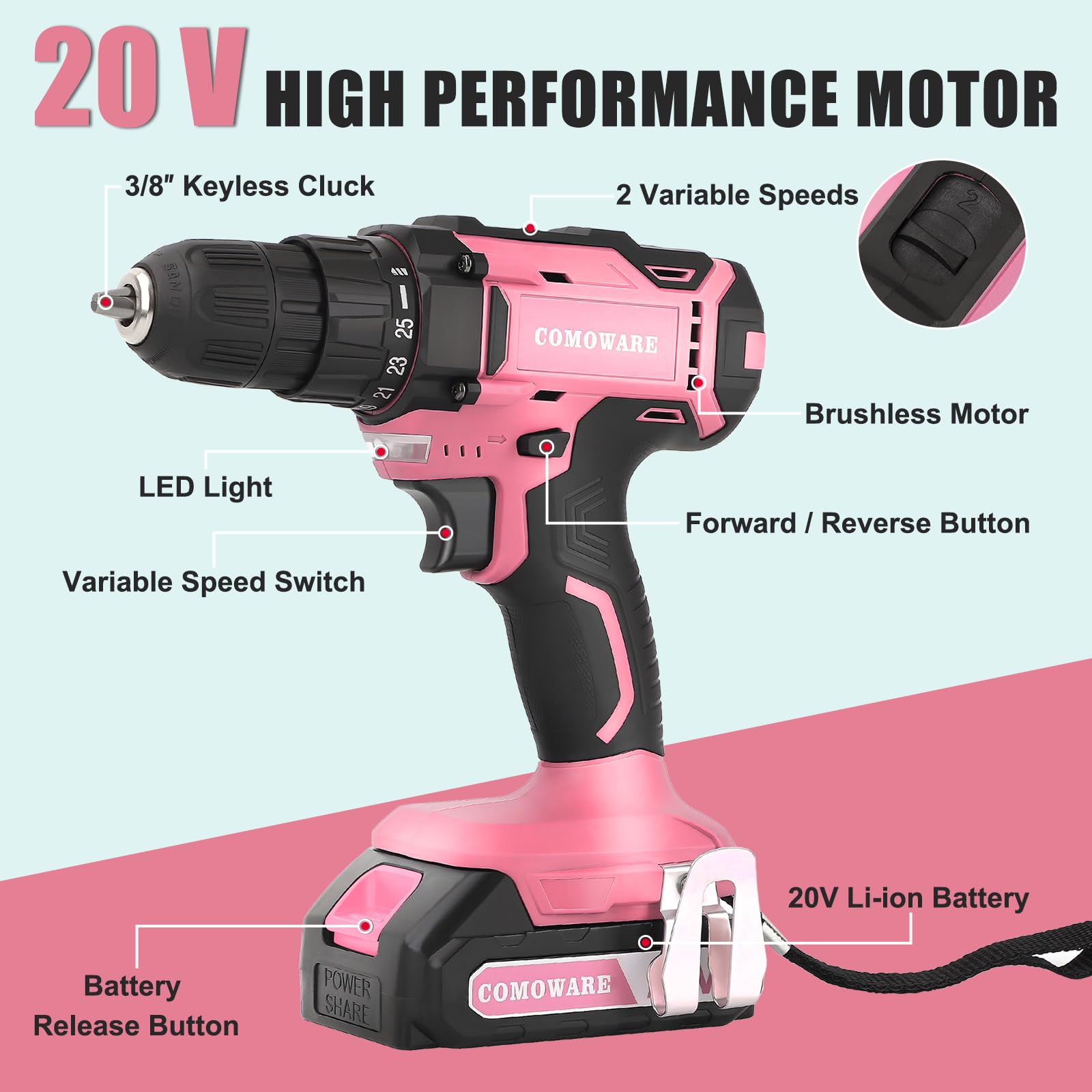 COMOWARE Cordless Drill Set, 20V Power Drill, Pink Drill Set for Women, 1 Battery & Charger, 3/8" Keyless Chuck, 2 Variable Speed, 266 In-lb Torque, 25+1 Position, with Pink Storage Bag