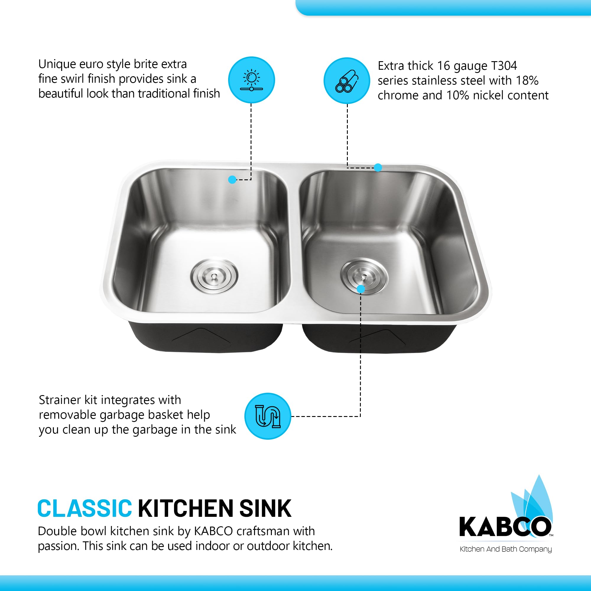 KABCO 32 Inch Stainless Steel Double Equal Bowl Classic Kitchen Sink, Extra Thick 16 Gauge Undermount Rust, Sound and Heatproof Sink with Sink Strainer and Removable Garbage Basket