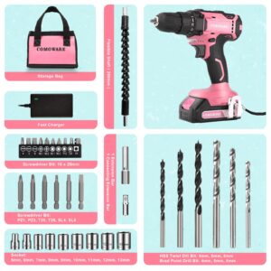 COMOWARE Cordless Drill Set, 20V Power Drill, Pink Drill Set for Women, 1 Battery & Charger, 3/8" Keyless Chuck, 2 Variable Speed, 266 In-lb Torque, 25+1 Position, with Pink Storage Bag