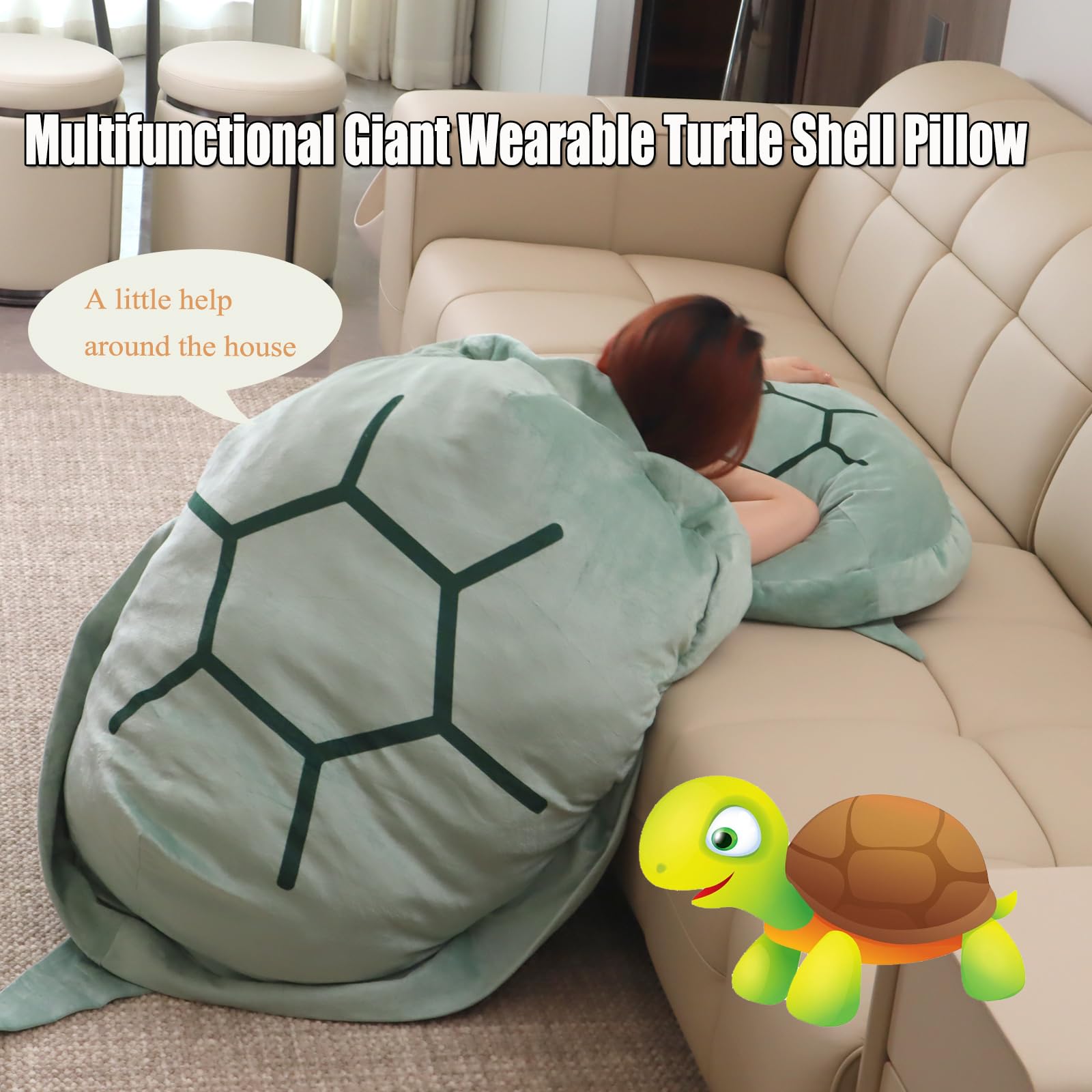 PTAEXCEL Wearable Turtle Shell Pillow, 47.2in/120cm Giant Wearable Turtle Shell Pillow, Removable Oversized Tortoise Shell Plush Turtle Stuffed Animal Dress up Cushion Costume for Adlut.