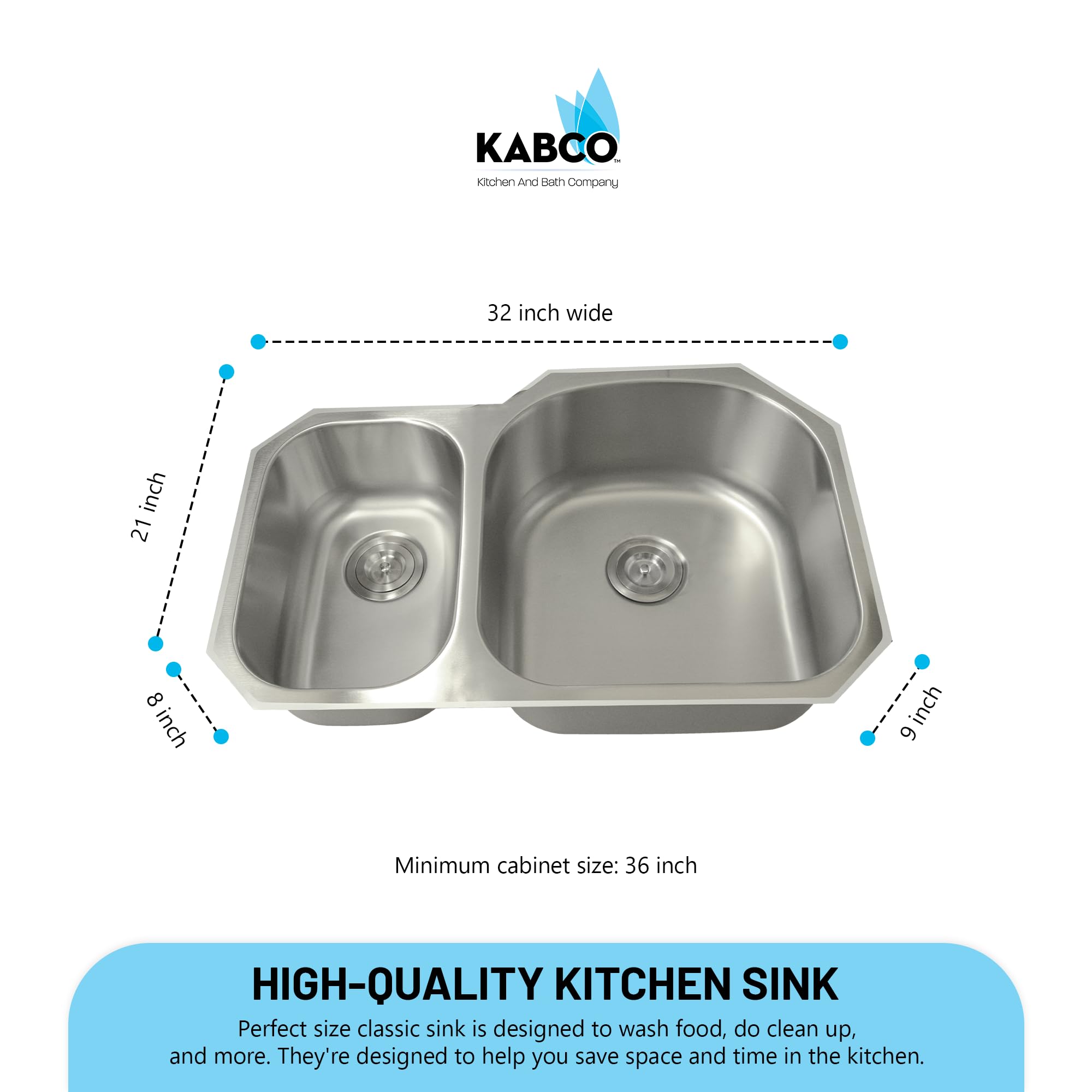 KABCO Staineless Steel Classic Kitchen Sink, Extra Thick 18 Gauge Undermount Rust, Sound and Heatproof Sink (UD113RSSG)