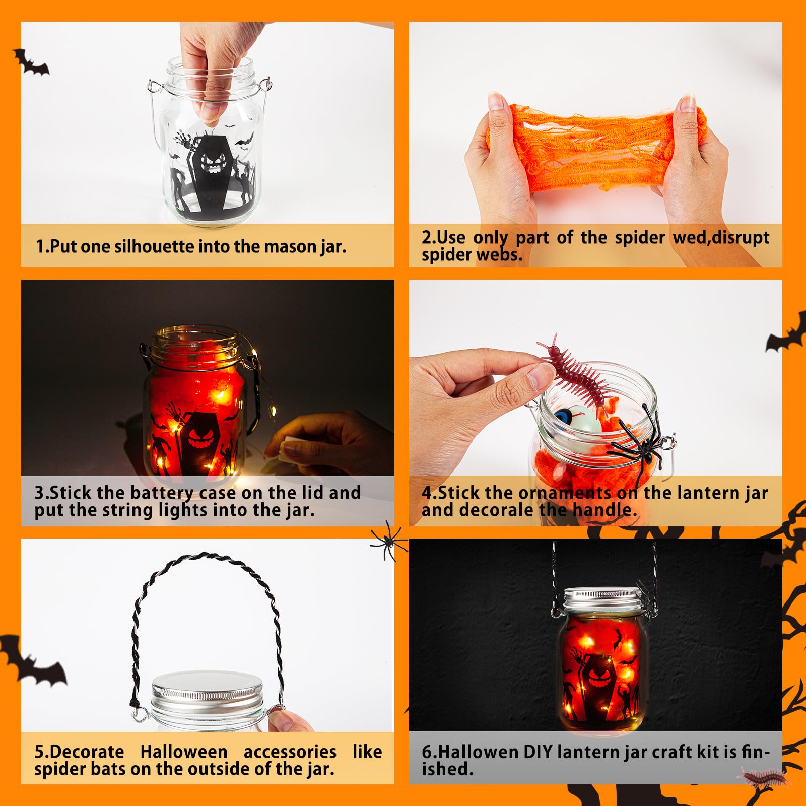 Shemira Halloween Craft Kit for Kids, 6 pcs Glass Mason Jar with Accessories for DIY Lantern Jar, Halloween Art & Craft Party Supplies, Halloween Art Activities,Halloween Craft and Art Party Supplies