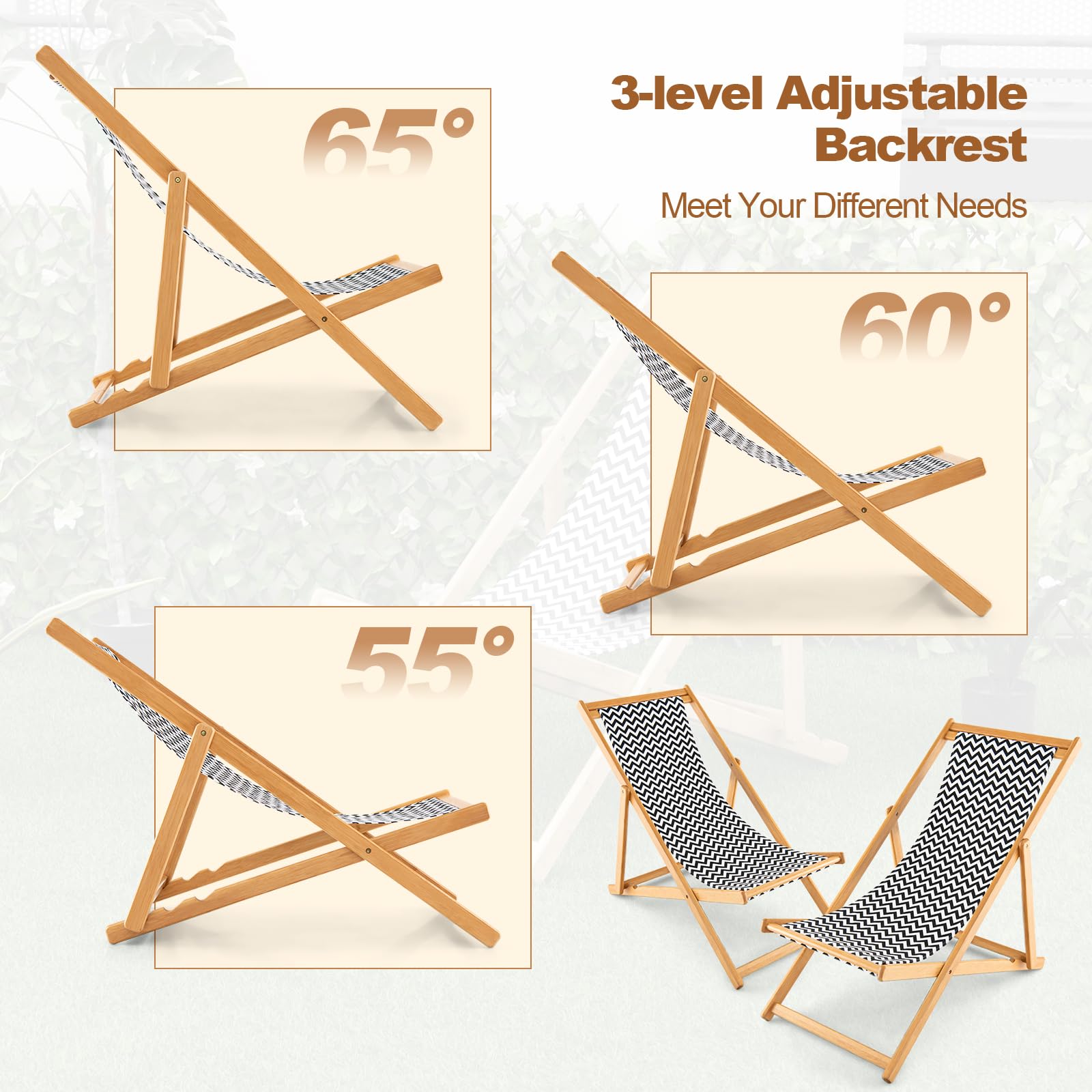 Giantex Patio Folding Camping Chair - Outdoor Sling Chair with 3 Adjustable Position, Breathable Canvas, Bamboo Lounge Chair for Outside, Porch, Deck, Poolside and Backyard, Portable Beach Chair (2)