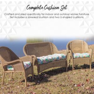 RSH DECOR: 3-Piece Wicker Tufted Cushion Set | 44” x 22" & 22" x 22" | All-Weather Spun Fabric | Water-Resistant | Outdoor Loveseat & U-Shape Cushions for Patio Furniture | Blooms Matte Black Floral