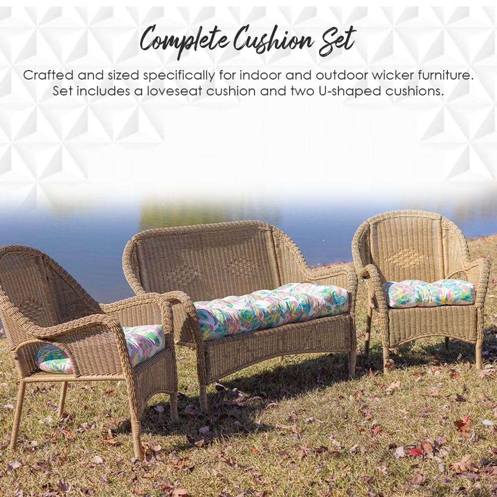 RSH DECOR: 3-Piece Wicker Tufted Cushion Set | 44” x 22" & 22" x 22" | All-Weather Spun Fabric | Water-Resistant | Outdoor Loveseat & U-Shape Cushions for Patio Furniture | Blooms Matte Black Floral