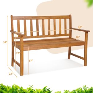 Tangkula Outdoor Acacia Wood Bench, 2-Person Garden Bench with Backrest and Armrests, Garden Bench with Slatted Seat for Porch, Park, Backyard, 800 Lbs Max Load, 48” L x 22” W x 34” H, Natural