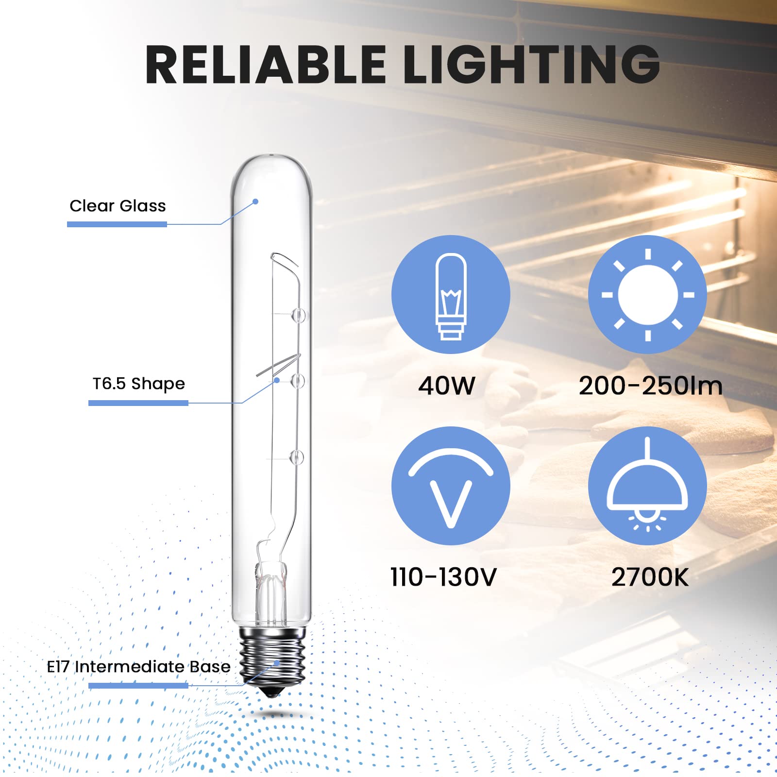 Bonlux 40 Watt T6.5 Refrigerator Light Bulb Dimmable, 120V Intermediate Base E17 Clear Appliance Bulb 5.4In T6.5 Exit Sign Light Bulb, Freezer Light, Warm White 2700K, 2-Pack