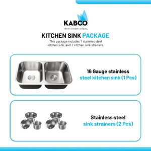 KABCO 32 Inch Stainless Steel Double Equal Bowl Classic Kitchen Sink, Extra Thick 16 Gauge Undermount Rust, Sound and Heatproof Sink with Sink Strainer and Removable Garbage Basket