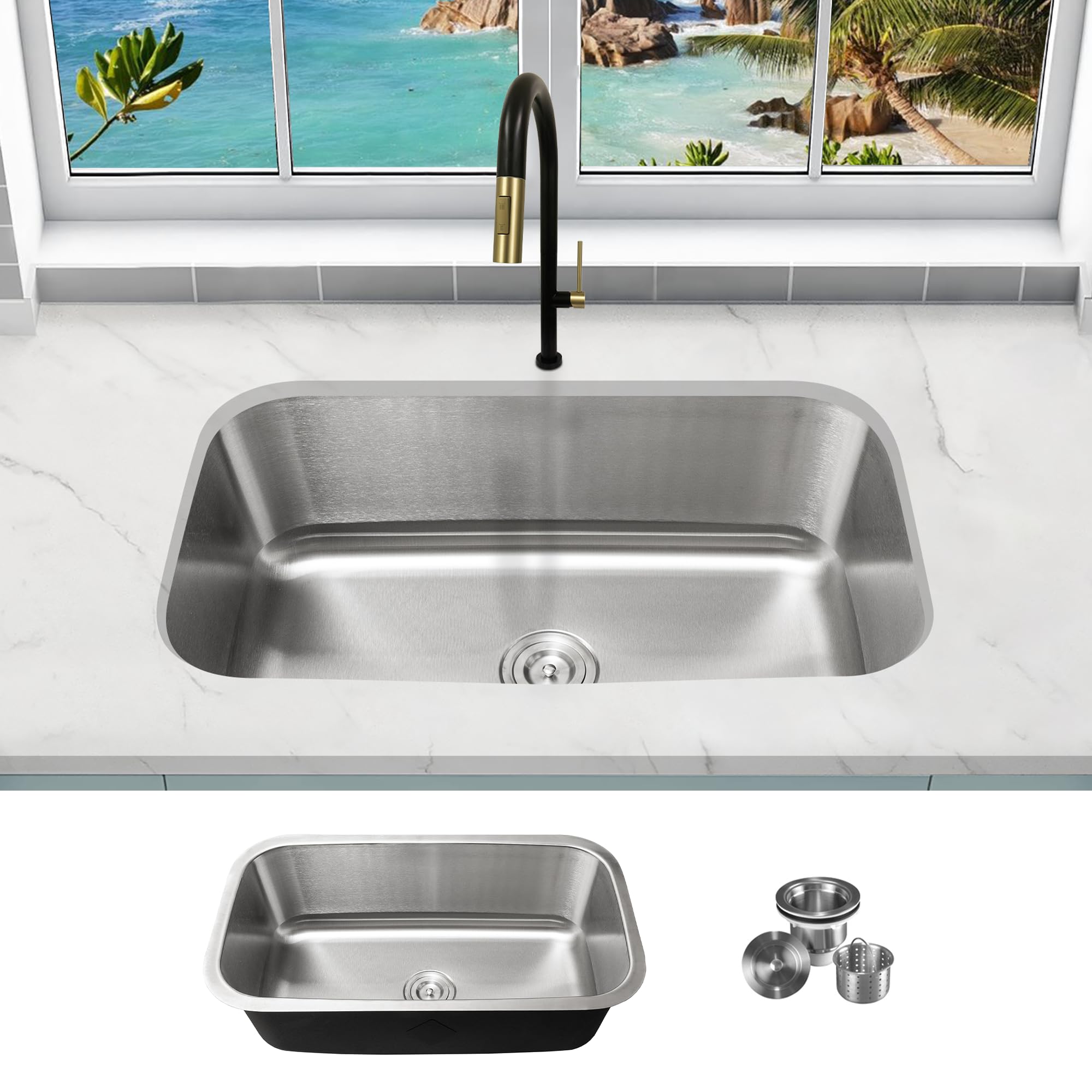 KABCO 30 Inch Stainless Steel Single Bowl Classic Kitchen Sink, Extra Thick 16 Gauge Undermount Rust, Sound and Heatproof Sink with Sink Strainer and Removable Garbage Basket