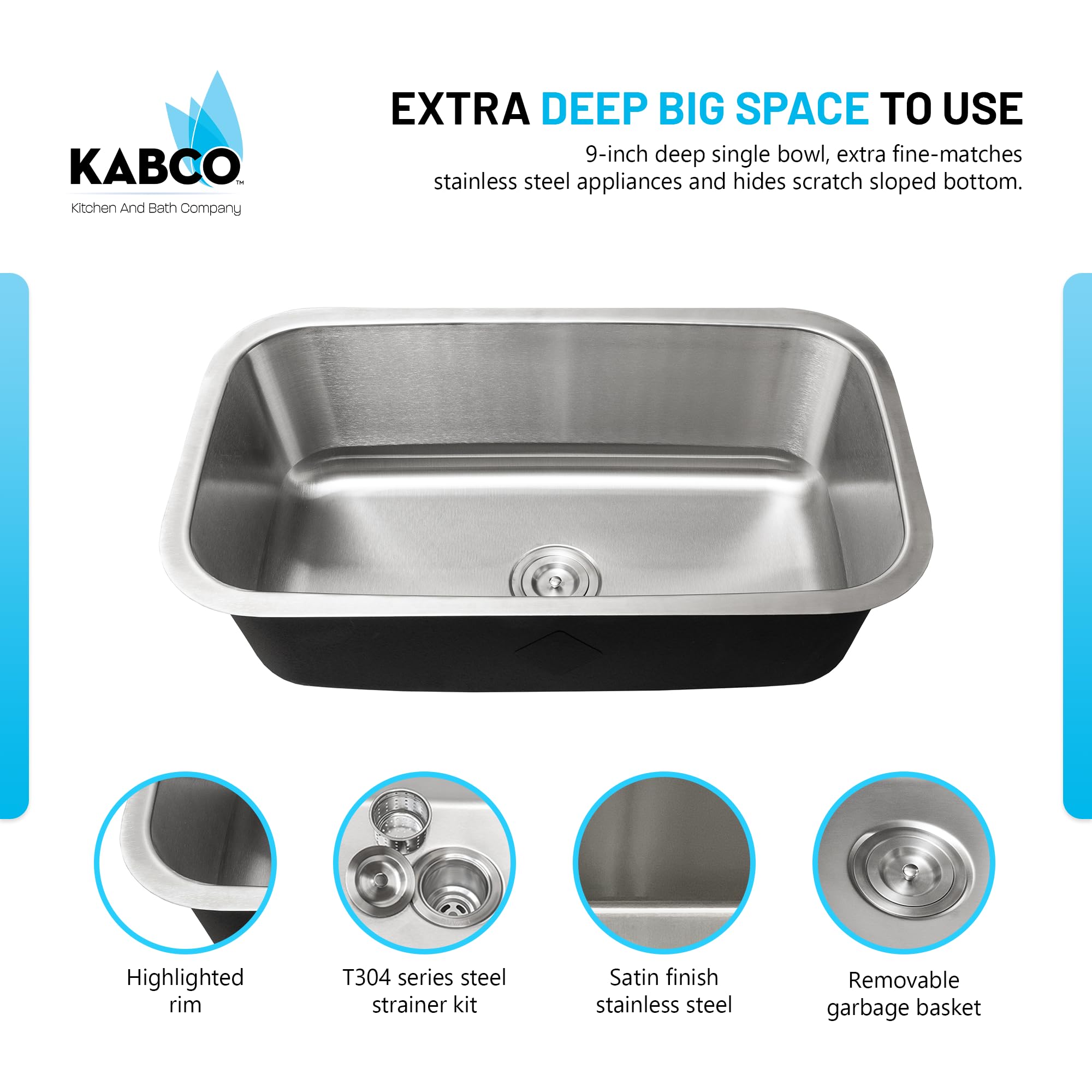 KABCO 30 Inch Stainless Steel Single Bowl Classic Kitchen Sink, Extra Thick 16 Gauge Undermount Rust, Sound and Heatproof Sink with Sink Strainer and Removable Garbage Basket