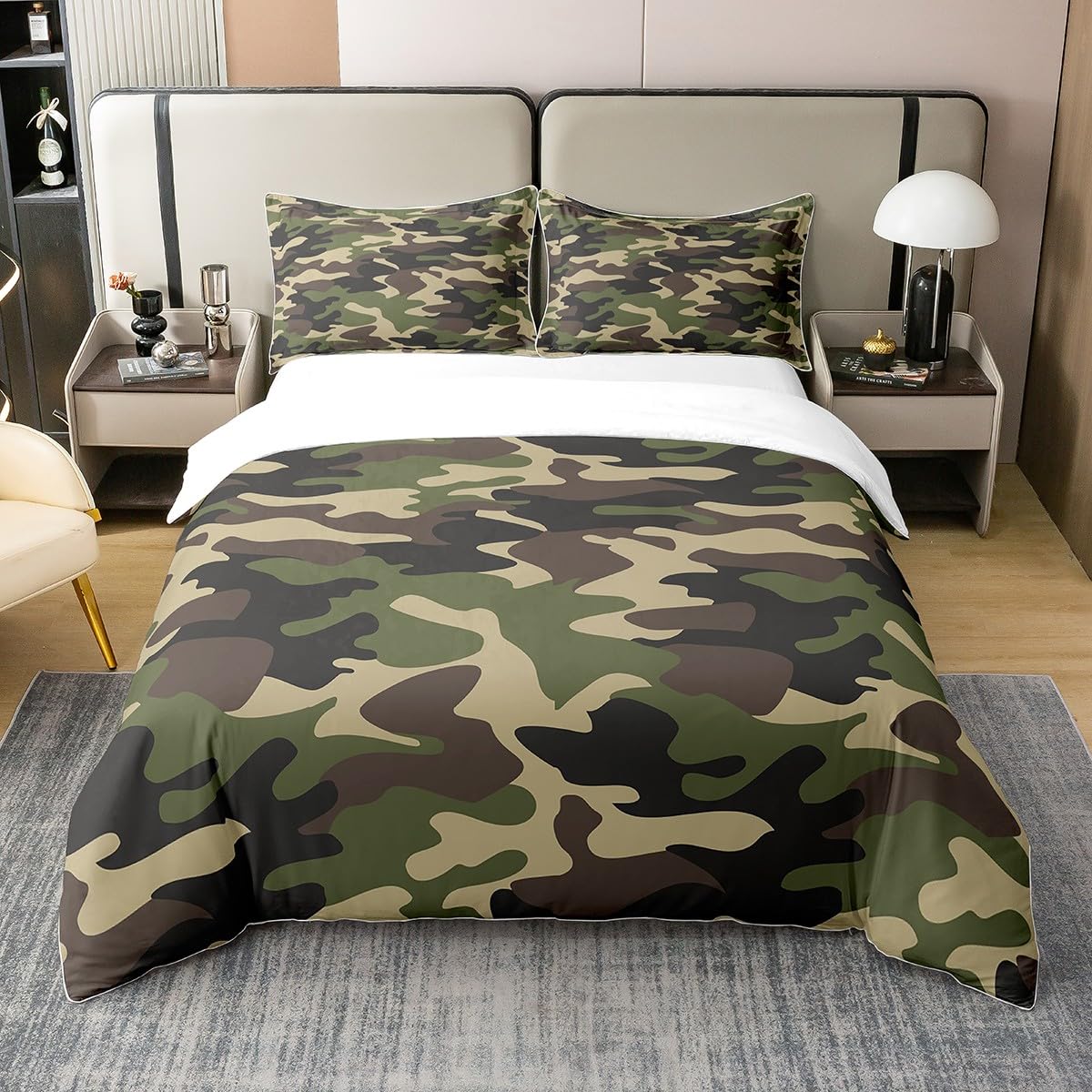 jejeloiu Camouflage Duvet Cover 100% Cotton Camo Bedding Set Set Military Style Rugs for Living Room Camouflage Print Green Brown Comforter Cover Set Bedspread Cover Queen Size