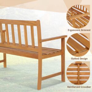 Tangkula Outdoor Acacia Wood Bench, 2-Person Garden Bench with Backrest and Armrests, Garden Bench with Slatted Seat for Porch, Park, Backyard, 800 Lbs Max Load, 48” L x 22” W x 34” H, Natural