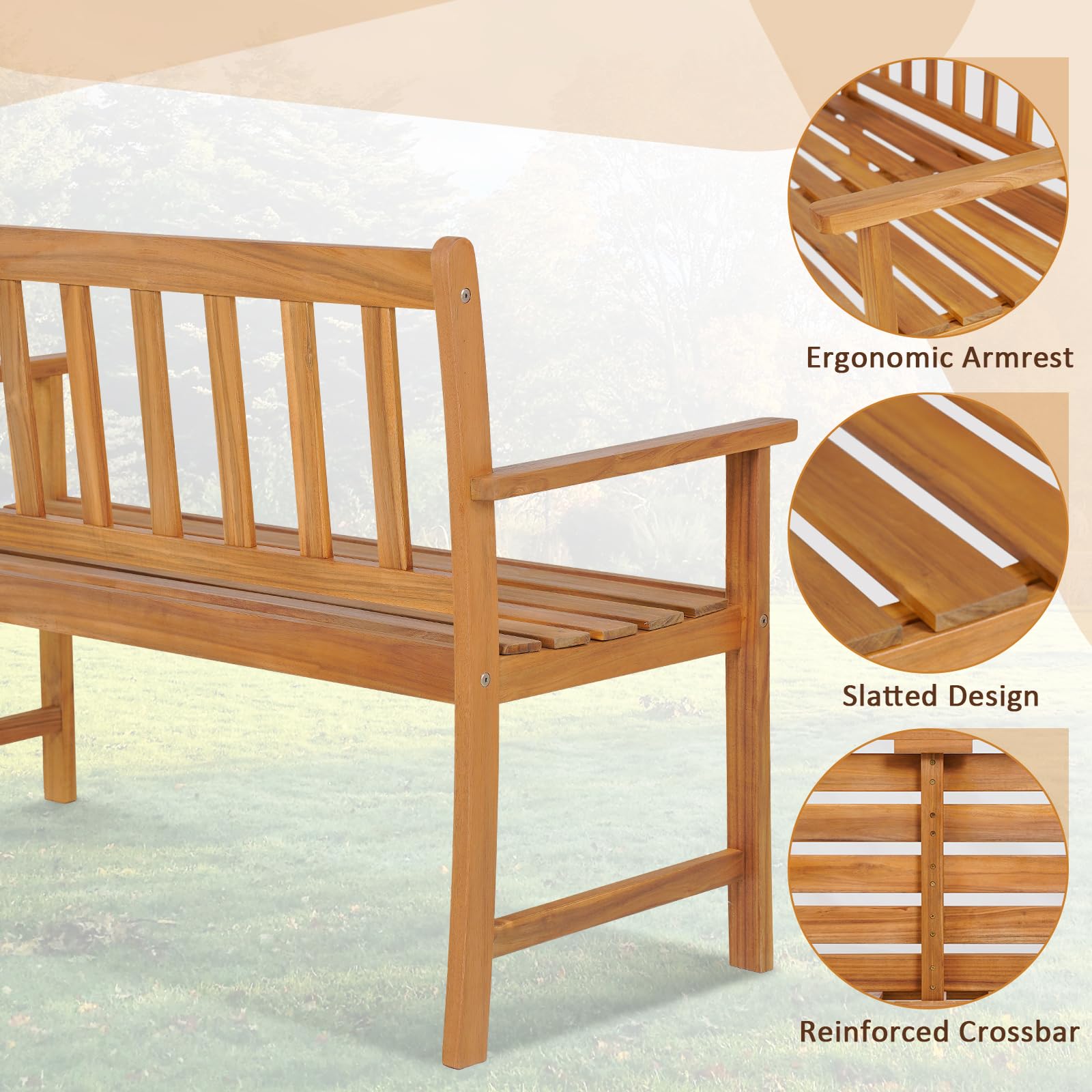 Tangkula Outdoor Acacia Wood Bench, 2-Person Garden Bench with Backrest and Armrests, Garden Bench with Slatted Seat for Porch, Park, Backyard, 800 Lbs Max Load, 48” L x 22” W x 34” H, Natural