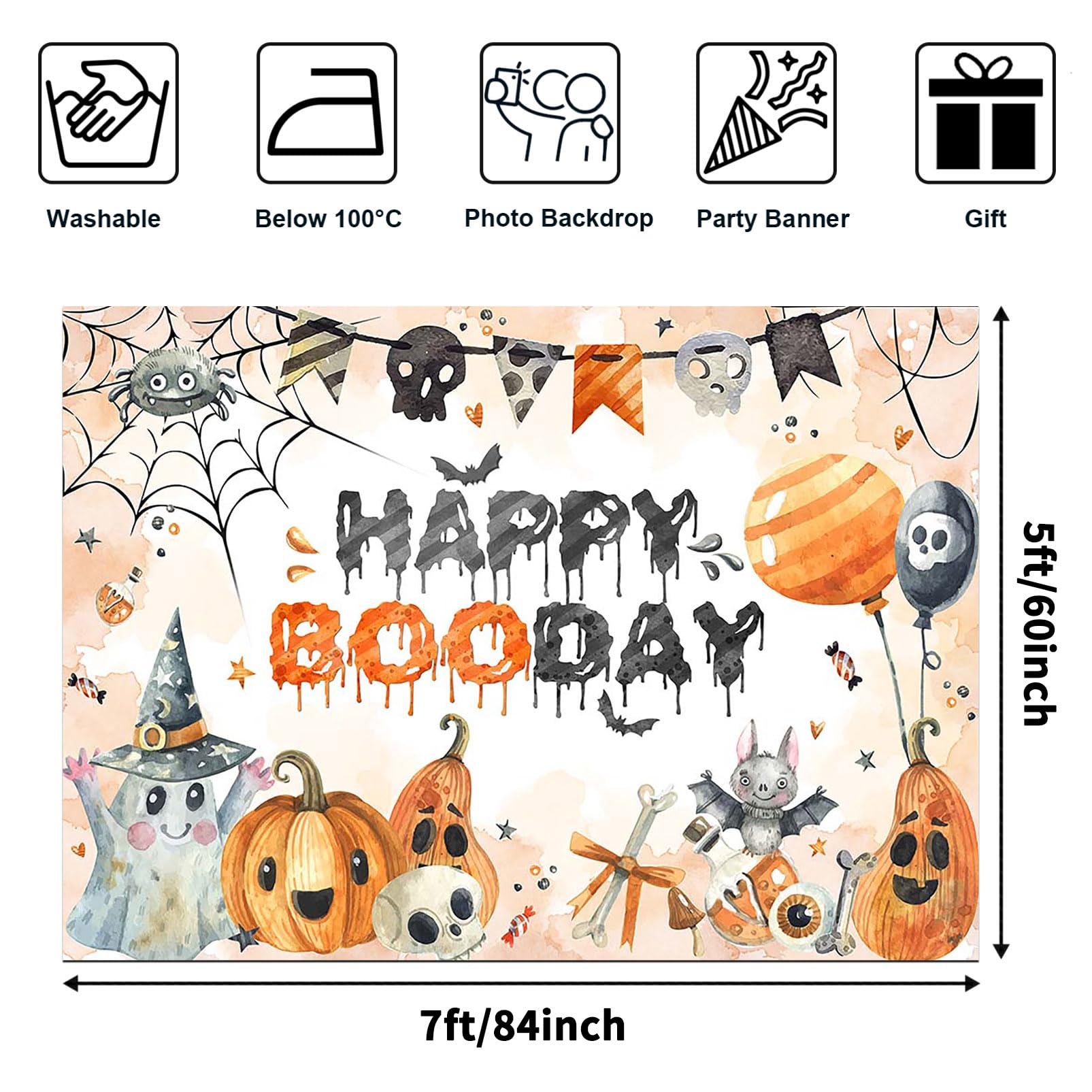 Avezano Halloween Booday Birthday Party Backdrop, Happy Boo Day Party Decorations Photoshoot Backdrops Halloween Happy Boo Day Party Banner Cute Spooky Ghost Birthday Decor Supplies Boys Girls (7x5ft)