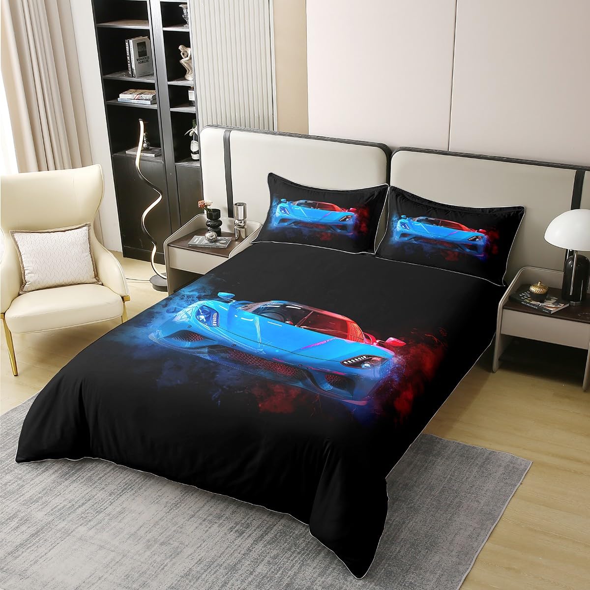 jejeloiu Race Car Duvet Cover 100% Cotton Full Size Speed Sports Car Bedding Cotton Duvet Cover Set Extreme Sports Bedding Set Automobile Comforter Cover Set Car Red Blue Bedspread Cover