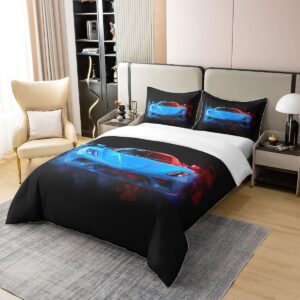 jejeloiu Race Car Duvet Cover 100% Cotton Full Size Speed Sports Car Bedding Cotton Duvet Cover Set Extreme Sports Bedding Set Automobile Comforter Cover Set Car Red Blue Bedspread Cover