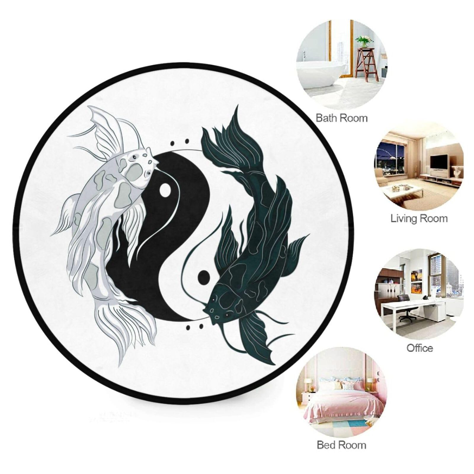 Koi Fish Yin Yang Japanese Area Rug Round 3 ft Washable for Bedroom Living Room Black White Carp Circle Rug Mat Non Slip Carpet Decor Floor Mat for Bathroom Kitchen Dorm