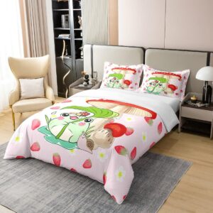 Castle Fairy Kawaii Frog 100% Nature Cotton Duvet Cover Twin Size Pink Strawberry Comforter Cover Twin Size with 1 Pillowcase Mushroom Snails and Ladybugs Aesthetic Luxury Bedding Set